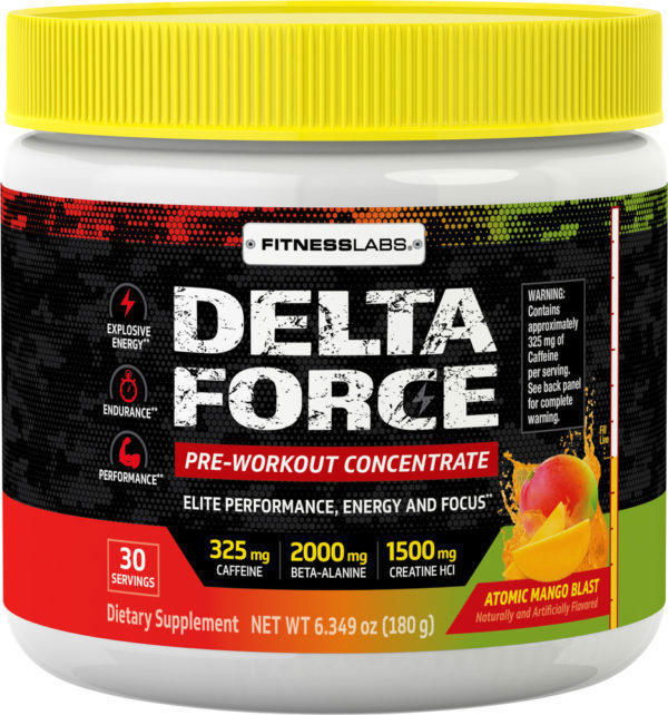 Concentrado en polvo para antes de hacer ejercicio Delta Force (sabor Atomic Mango Blast), 6.34 oz (180 g) Botella/Frasco