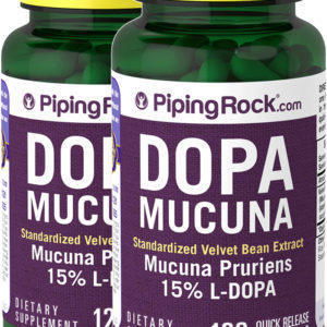 DOPA Mucuna Pruriens - Estandarizado, 350 mg, 120 Cápsulas de liberación rápida, 2  Botellas/Frascos