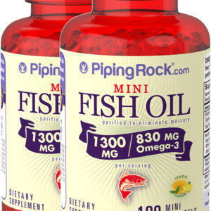 Minicápsulas de aceite de pescado Omega-3, sabor limón, 415 mg, 1300 mg, 100 Cápsulas blandas de liberación rápida, 2  Botellas/Frascos