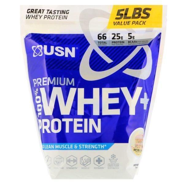 USN, Proteína + 100 % suero de leche premium, pastel de cumpleaños, 5 lbs (2.27 kg)