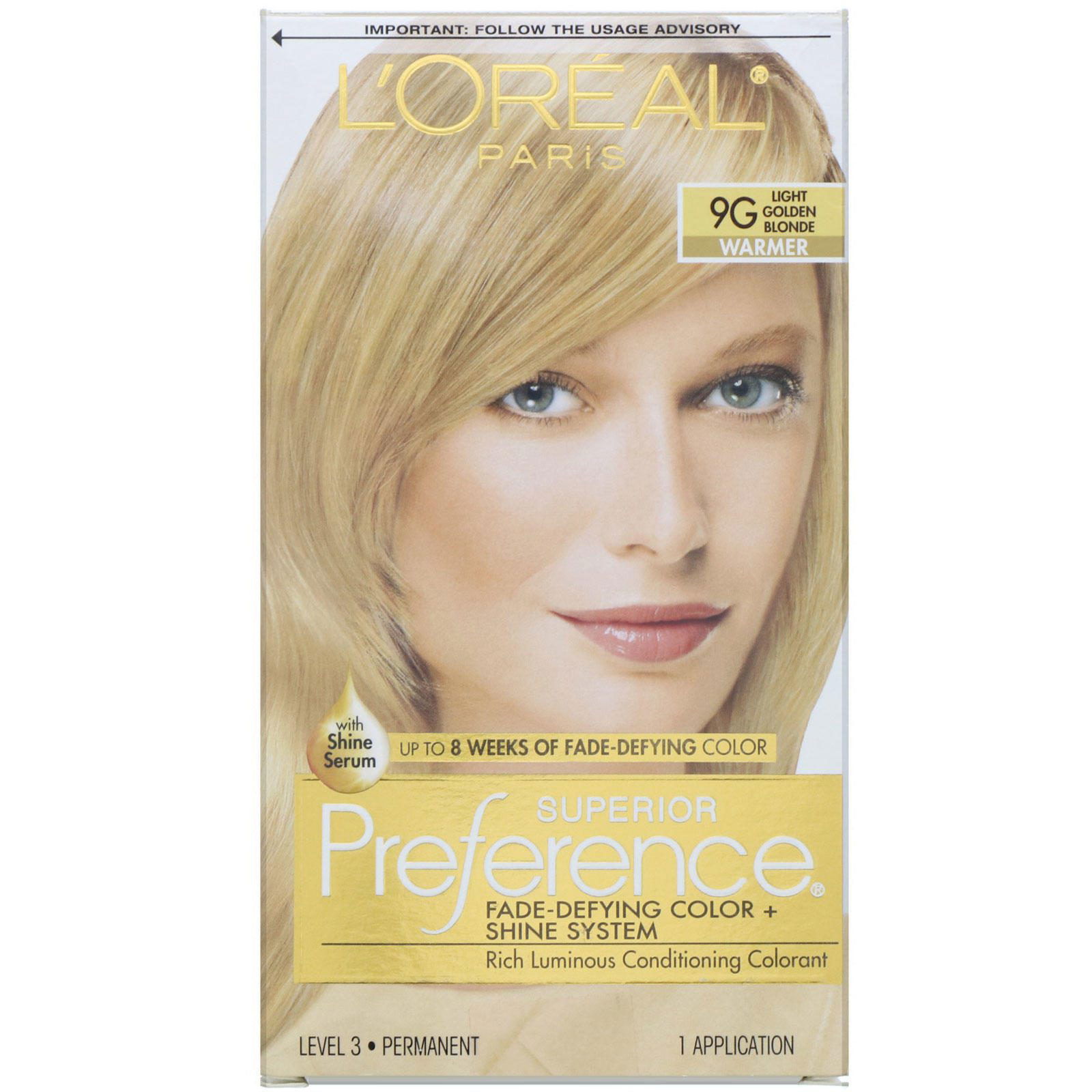 L'Oreal, Superior Preference, Sistema de color y brillo inalterable, Cálido, Rubio dorado claro 9G, 1 aplicación