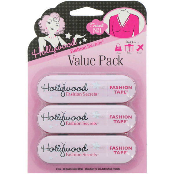 Hollywood Fashion Secrets, Fashion Tape, Tiras adhesivas para la vestimenta, Envase conveniente, 3 estuches, 36 tiras doble faz