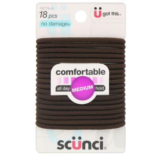 Scunci, No Damage, Ligas elásticas que no dañan el cabello, con una sujeción media para todo el día, color marrón, 18 unidades