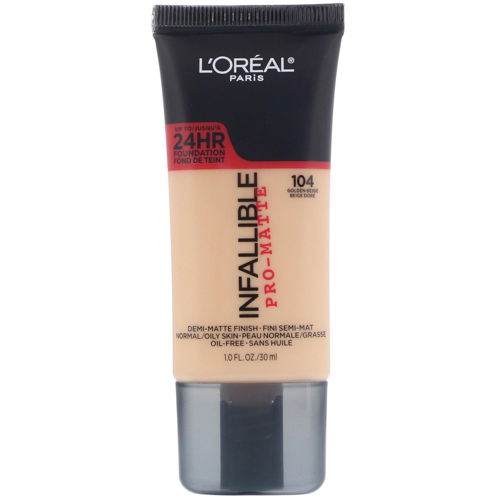 L'Oreal, Base de maquillaje de acabado mate Infallible, Beige dorado 104, 30 ml (1 oz. líq.)
