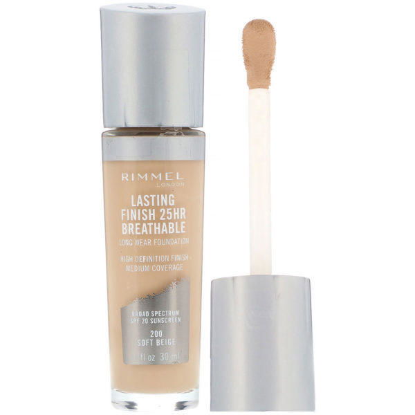 Rimmel London, Base transpirable de larga duración y acabado perdurable Lasting Finish 25HR, 200 Beige suave, 30 ml (1 oz. líq.)