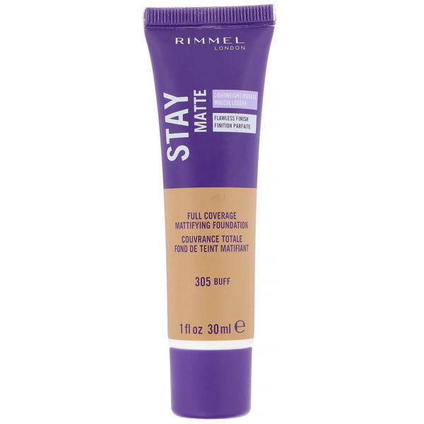 Rimmel London, Base matificante de cobertura total Stay Matte, 305 Beige buff, 30 ml (1 oz. líq.)