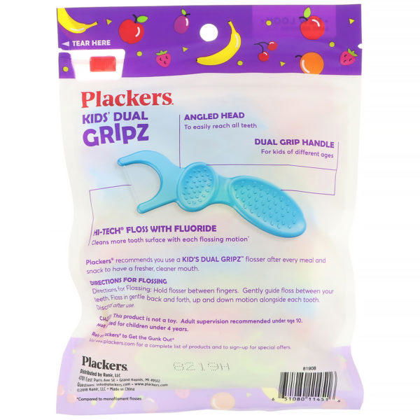 Plackers, Kid's Dual Gripz, flossers dentales con fluoruro, batido de frutas, 75 unidades - Imagen 2