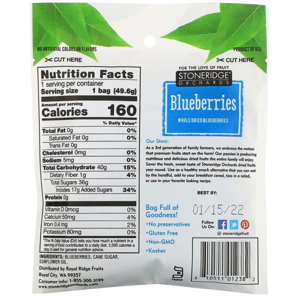 Stoneridge Orchards, Blueberries, Whole Dried Blueberries, 1.75 oz (49.6 g) - Imagen 2