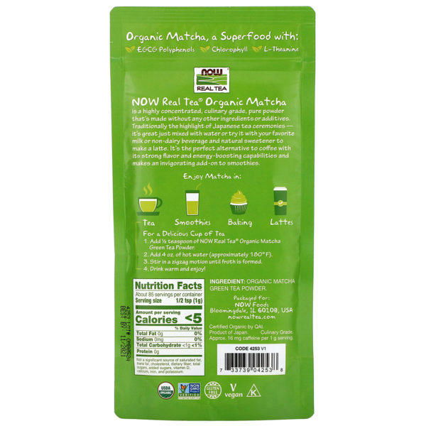 Now Foods, Real Tea, Organic Matcha Green Tea Powder, 3 oz (85 g) - Imagen 2