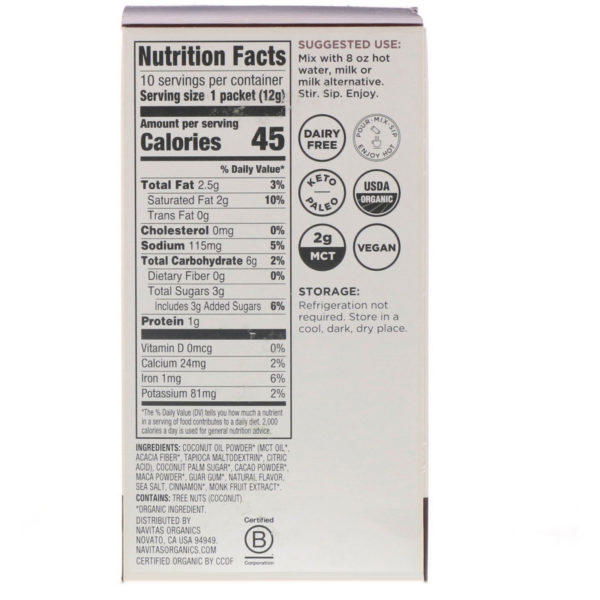 Navitas Organics, Latte Superfood Drink Mix, Cacao, 10 Packets, 0.31 oz (9 g) Each - Imagen 2