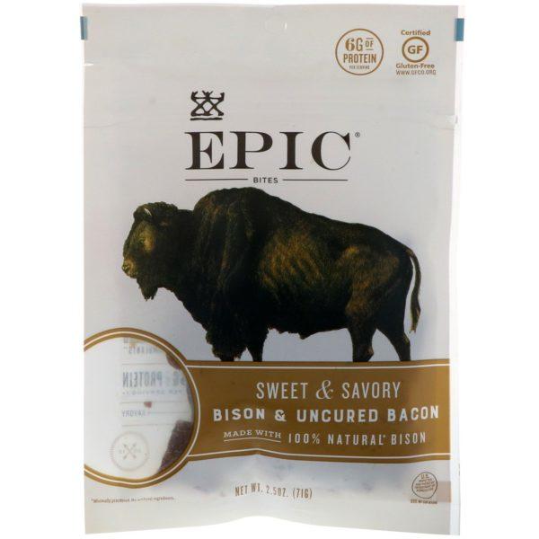 Epic Bar, Bocadillos, Bisonte y tocino sin curar, Dulce y salado, 2.5 oz (71 g)