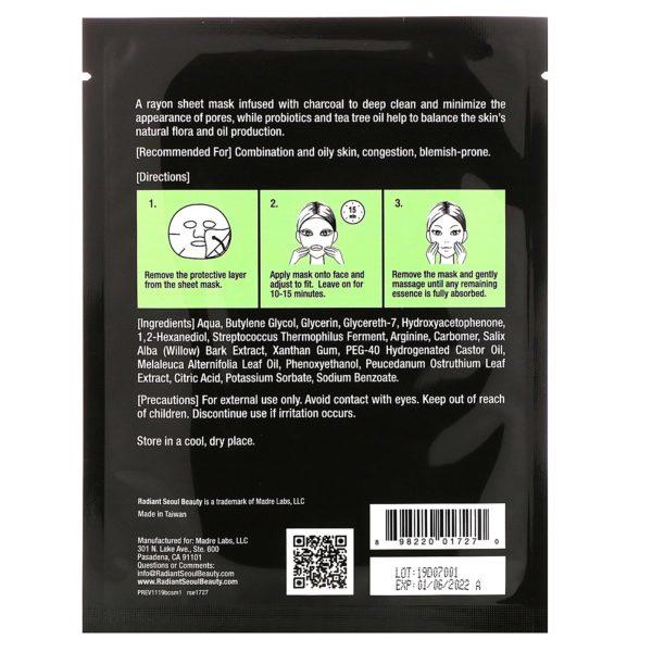 Radiant Seoul, Mascarilla equilibrante de carbón vegetal tipo lámina, 1 mascarilla, 25 ml (0,85 oz) - Imagen 2