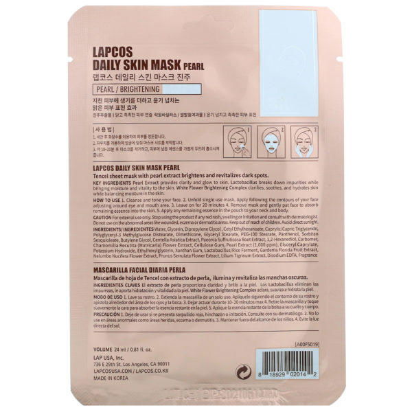 Lapcos, Mascarilla con extracto de perlas, Efecto iluminador, 1 lámina, 24 ml (0,81 oz. líq.) - Imagen 2