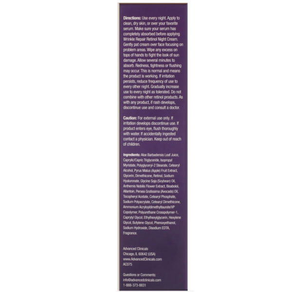 Advanced Clinicals, Wrinkle Repair, Retinol Night Cream, 4 fl oz (118 ml) - Imagen 3