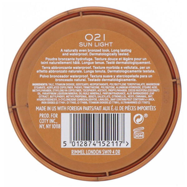 Rimmel London, Natural Bronzer, Polvo bronceador a prueba de agua, 021 Luz de sol, 14 g (0,49 oz) - Imagen 2