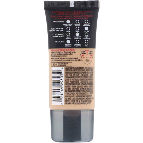 L'Oreal, Base de maquillaje de acabado mate Infallible, Beige dorado 104, 30 ml (1 oz. líq.) - Imagen 2