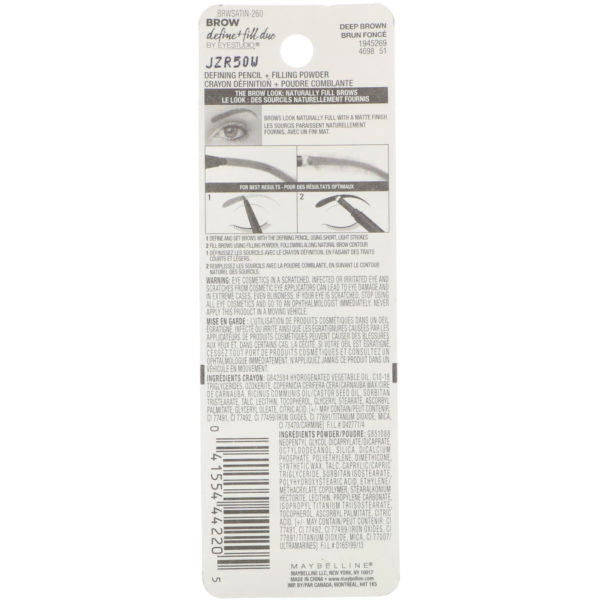 Maybelline, EyeStudio, Dúo para definir y rellenar cejas, 260 Marrón profundo, 500 mg (0,017 oz) - Imagen 3