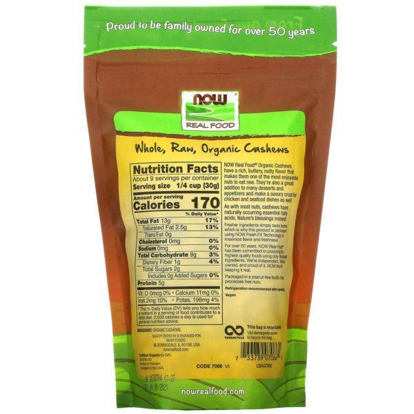 Now Foods, Real Food Organic, Whole, Raw Cashews, Unsalted, 10 oz (284 g) - Imagen 2