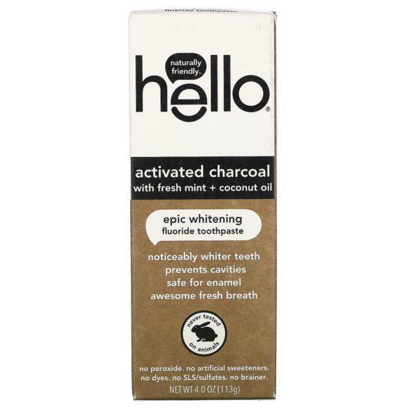 Hello, Activated Charcoal Epic Whitening Fluoride Toothpaste, Fresh Mint + Coconut Oil, 4.0 oz (113 g) - Imagen 2