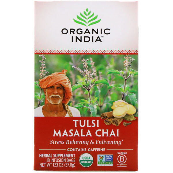 Organic India, Té tulsí, masala y chai, 18 saquitos para infusión, 37,8 g (1,33 oz)