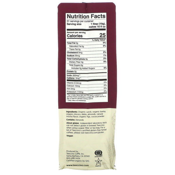 Teeccino, Chicory Herbal Coffee, Mocha, Medium Roast, Caffeine Free, 11 oz (312 g) - Imagen 2