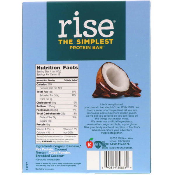 Rise Bar, THE SIMPLEST PROTEIN BAR, Chocolatey Coconut, 12 Bars, 2.1 oz (60 g) Each - Imagen 3