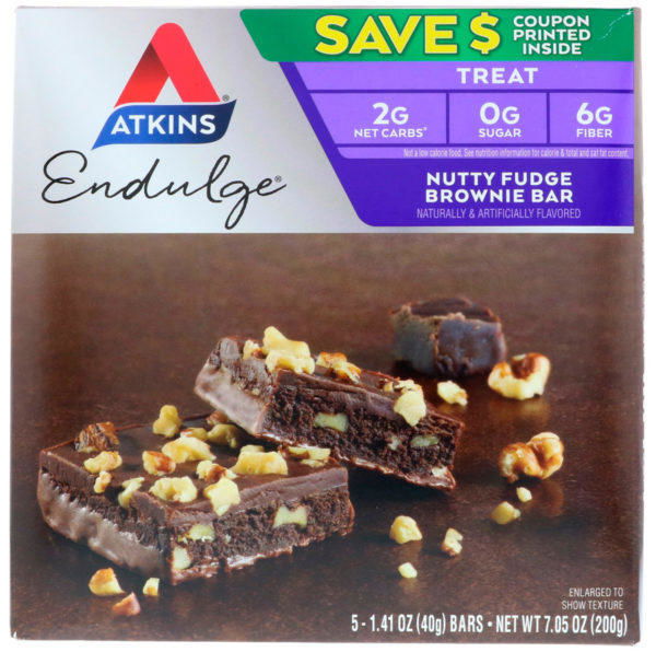 Atkins, Endulge, Brownie Fudge de Nutty, 5 barras, 1.41 oz (40 g) cada uno