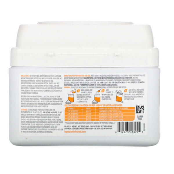 Happy Family Organics, Bebé feliz orgánico, fórmula infantil con hierro, etapa 1, del nacimiento a 12 meses, 21 oz (595 g) - Imagen 2