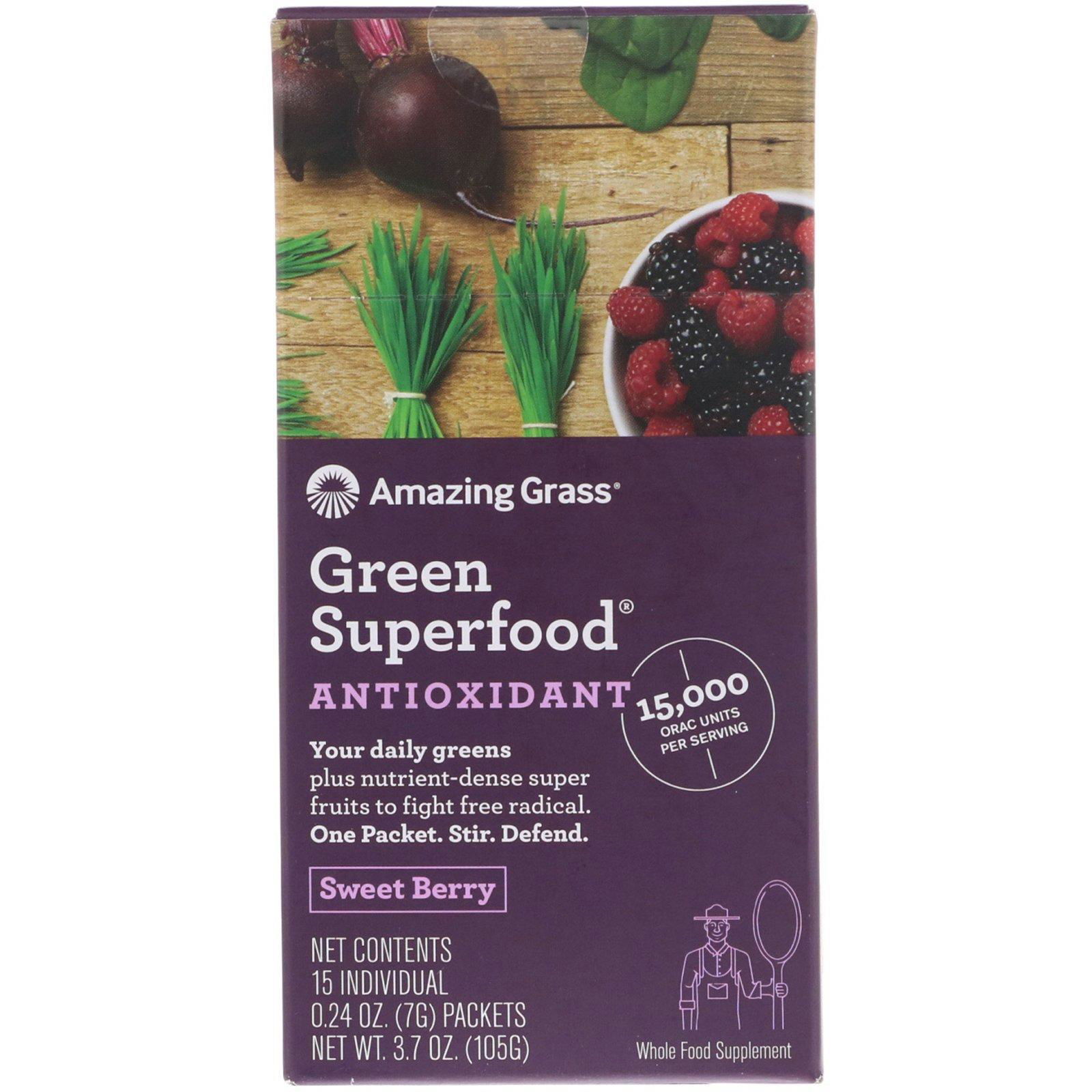 Amazing Grass, Green Superfood, antioxidante, bayas dulces, 15 paquetes individuales, 0.24 oz (7 g) cada uno