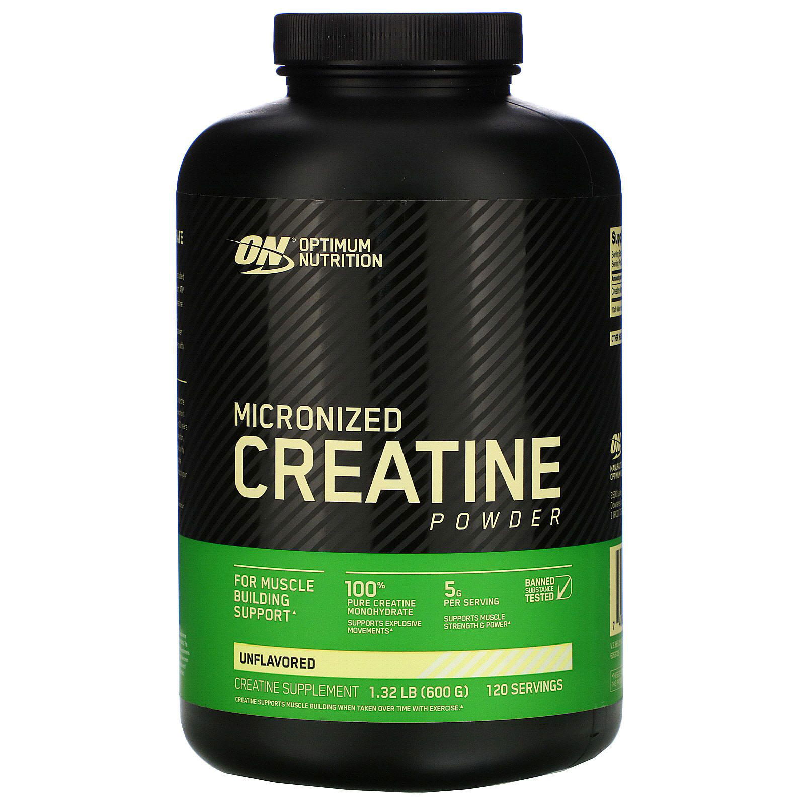Optimum Nutrition, Creatina micronizada en polvo, sin sabor, 1.32 lb (600 g)