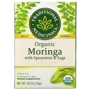 Traditional Medicinals, Té orgánico de moringa con hierbabuena y salvia, Sin cafeína, 16 bolsitas de té envueltas, 24 g (0,85 oz)