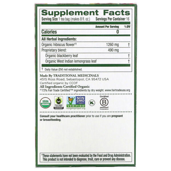 Traditional Medicinals, Té de hibisco orgánico, Sin cafeína, 16 bolsitas de té envueltas, 28 g (0,99 oz) - Imagen 2