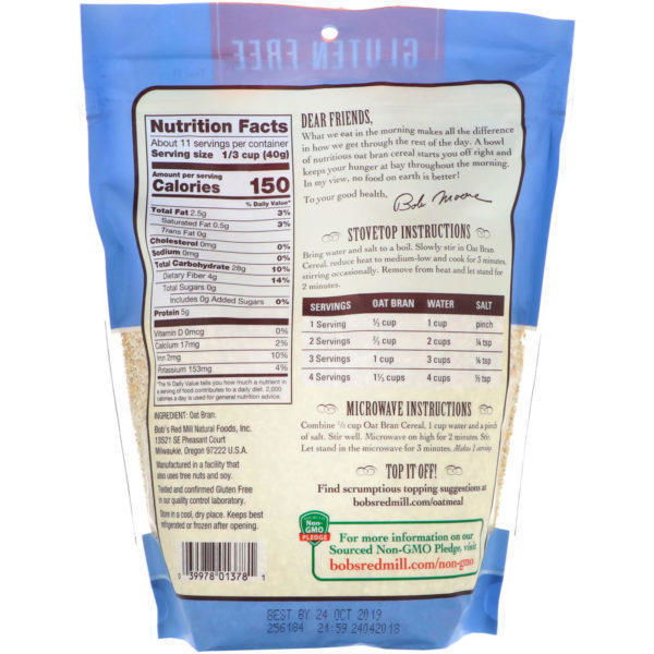 Bob's Red Mill, Cereal caliente con salvado de avena, sin gluten, 454 g (16 oz) - Imagen 2