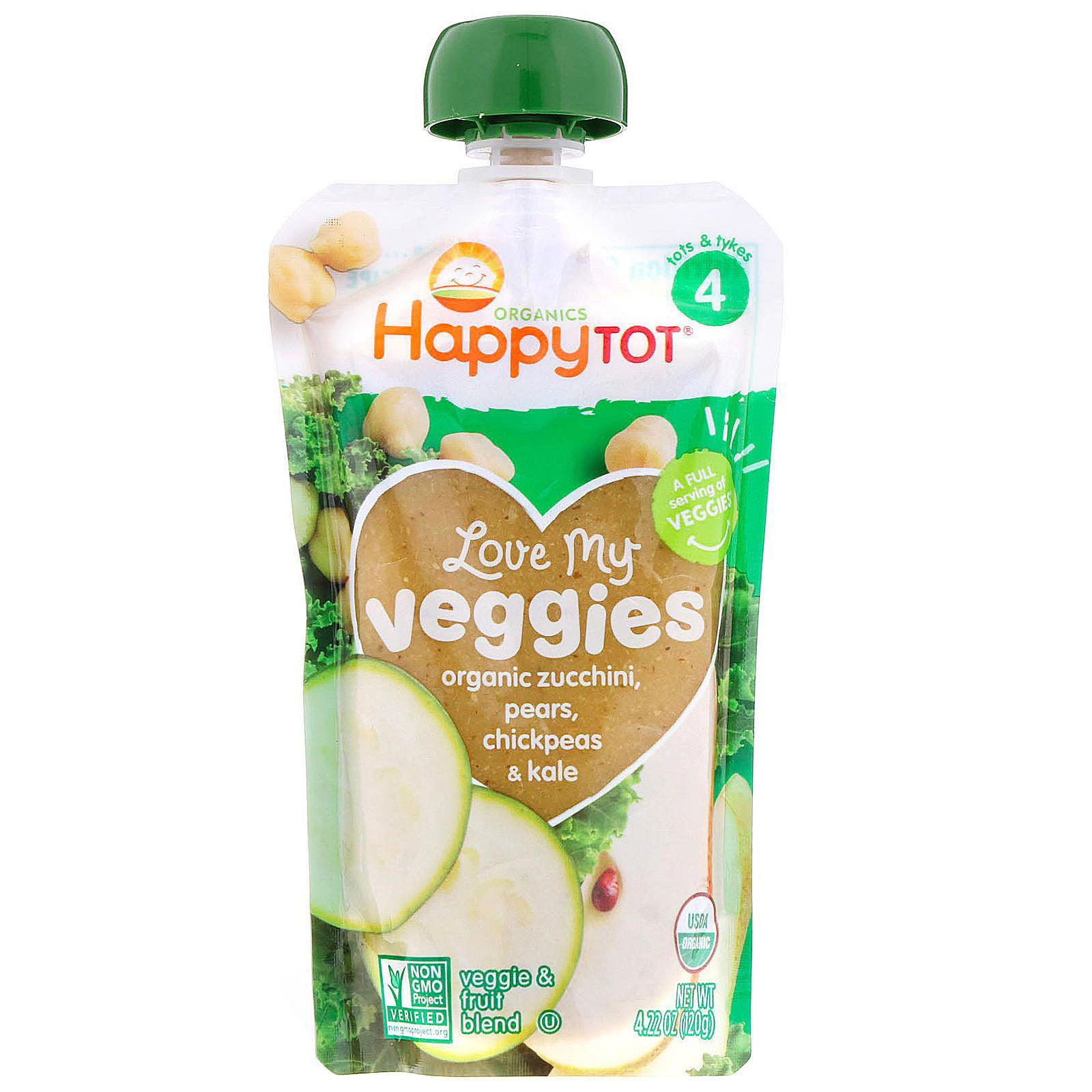 Happy Family Organics, Happy Tot orgánicos, vegetales deliciosos, calabacín, peras, garbanzos y col rizada orgánicos, 120 g (4,22 oz)