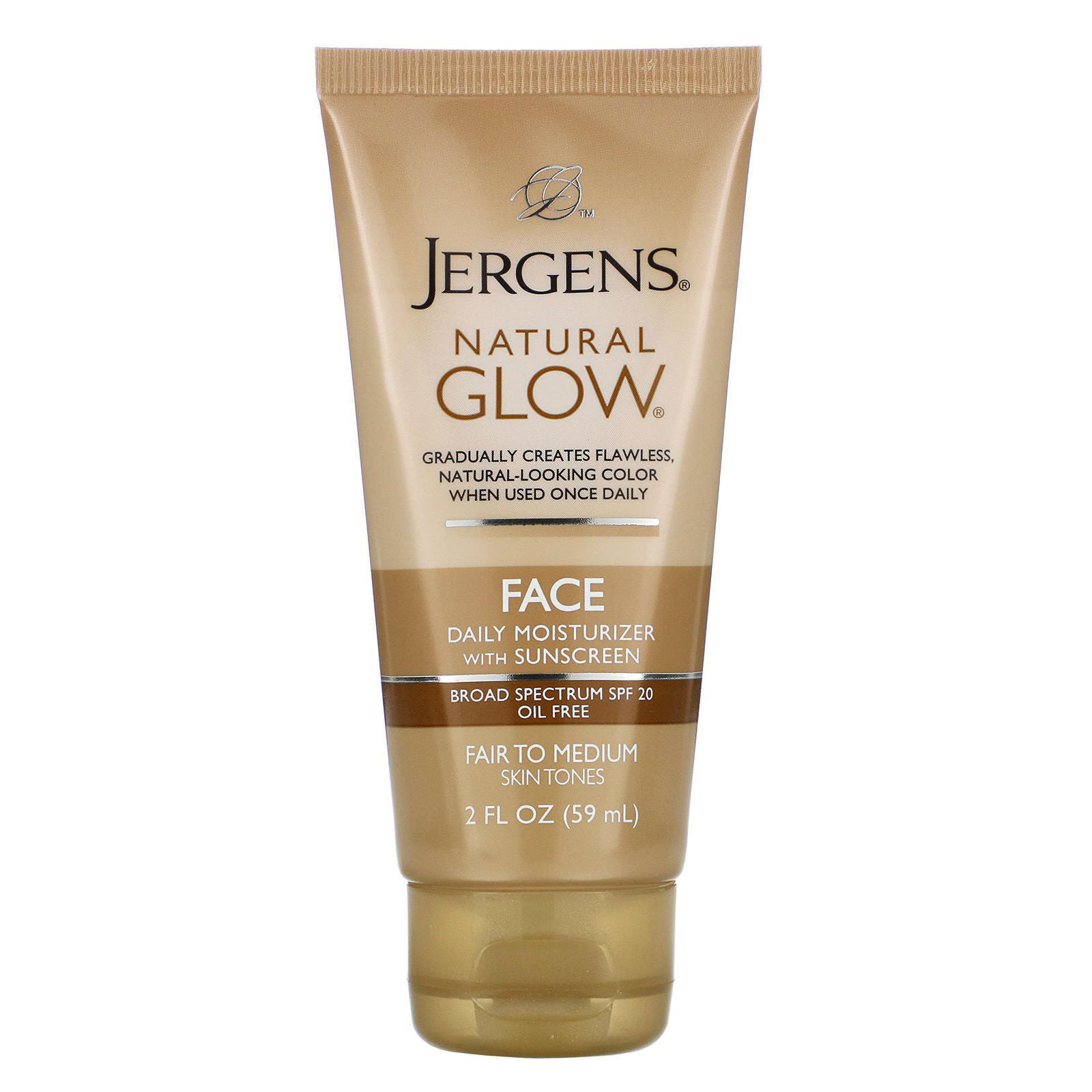 Jergens, Natural Glow, Crema humectante diaria para el rostro, FPS 20, Claro a medio, 59 ml (2 oz. líq.)
