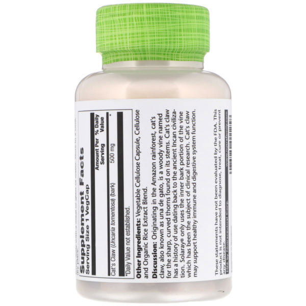 Solaray, Cat's Claw, 500 mg, 100 VegCaps - Imagen 2