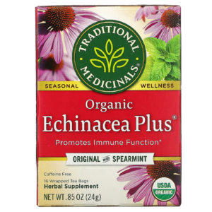 Traditional Medicinals, Echinacea Plus, Té orgánico, Original con hierbabuena, Sin cafeína, 16 bolsitas de té envueltas, 24 g (0,85 oz)
