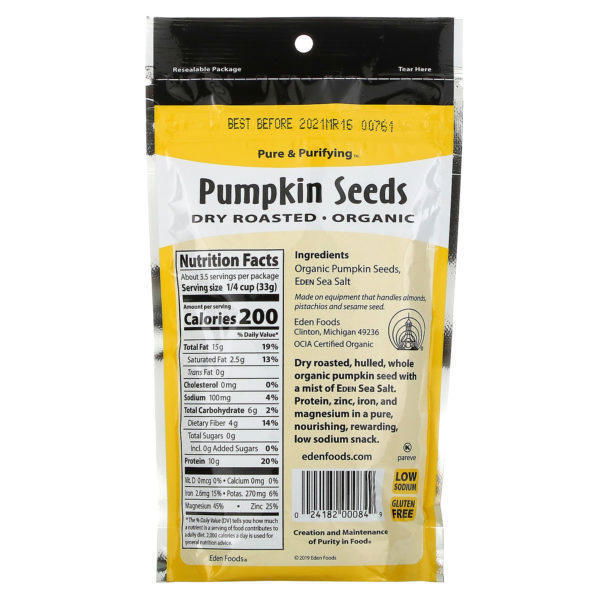 Eden Foods, Organic, Semillas de Calabaza, Secas y Horneadas, 4 oz (113 g) - Imagen 2
