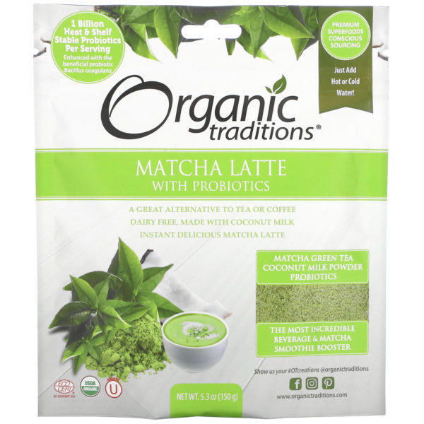 Organic Traditions, Latte de matcha con probióticos y vainilla, 5.3 oz (150 g)