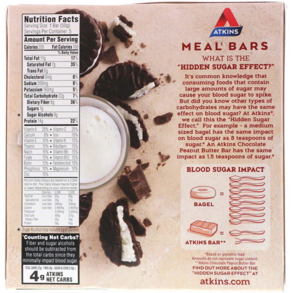 Atkins, Barra alimenticia, barra de galleta y crema, 5 barras 1,76 oz (50 g) cada una - Imagen 2