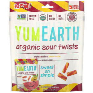 YumEarth, Espirales orgánicos amargos, Limonada de sandía, 5 empaques de bocadillos, 0.7 oz (19.8 g) c/u