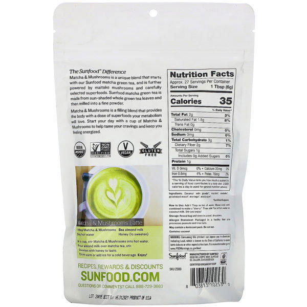 Sunfood, Organic Matcha & Mushrooms, 5.8 oz (165 g) - Imagen 2