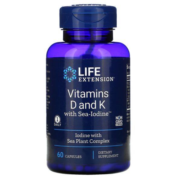 Life Extension, Vitaminas D y K con Sea-Iodine, 125 mcg (5000 UI), 60 cápsulas