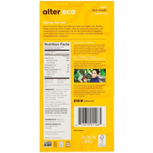 Alter Eco, Organic Chocolate Bar, Deep Dark Salted Almonds, 70% Cocoa, 2.82 oz (80g) - Imagen 2