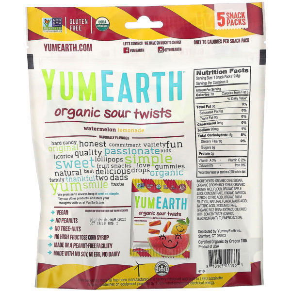 YumEarth, Espirales orgánicos amargos, Limonada de sandía, 5 empaques de bocadillos, 0.7 oz (19.8 g) c/u - Imagen 2