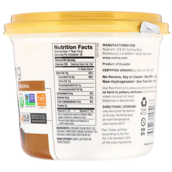Nutiva, Manteca vegetal orgánica, Original, Aceites de palma roja y coco, 425 g (15 oz) - Imagen 2