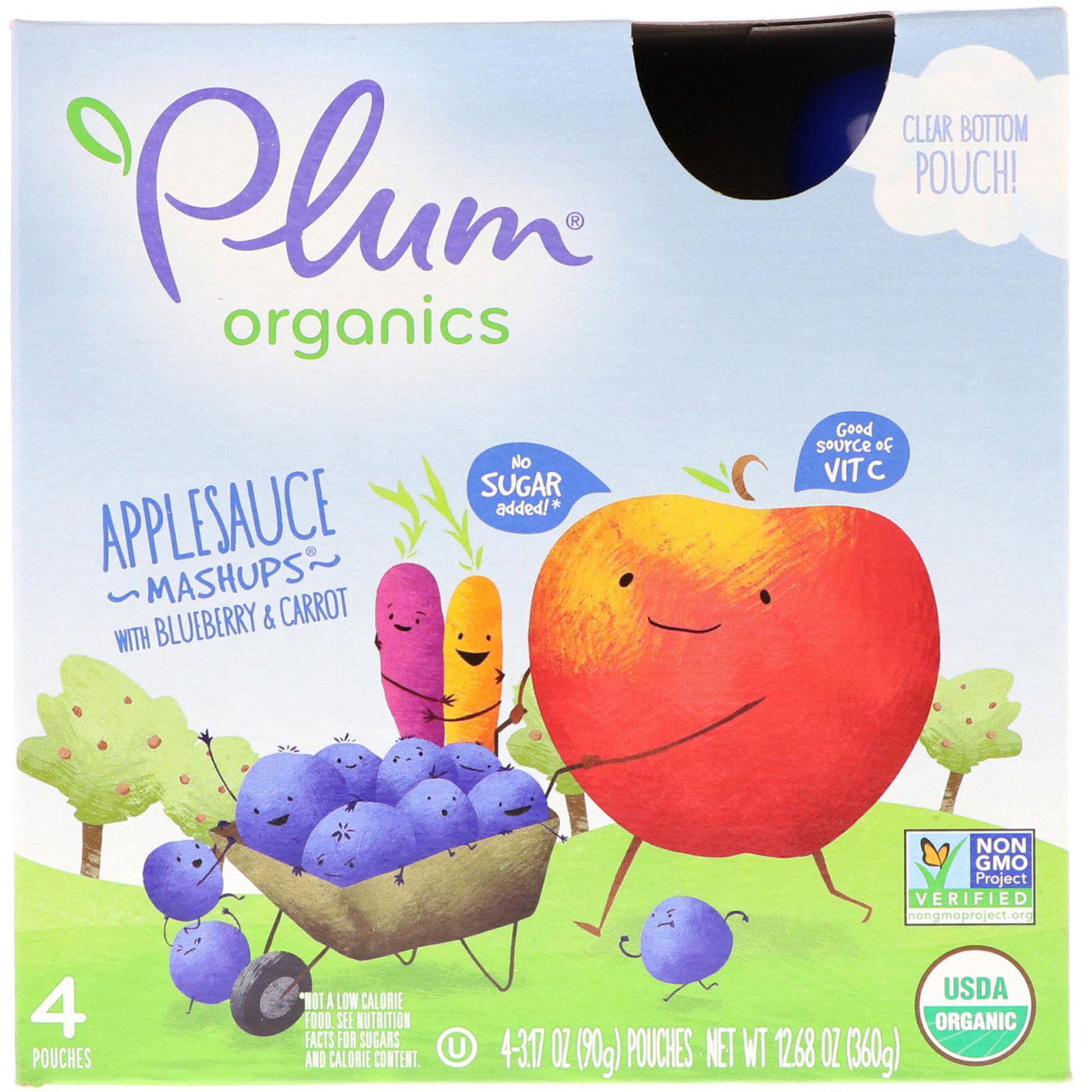 Plum Organics, Puré orgánico de manzana con arándanos y zanahorias, 4 bolsas, 3.17 oz (90 g) c/u