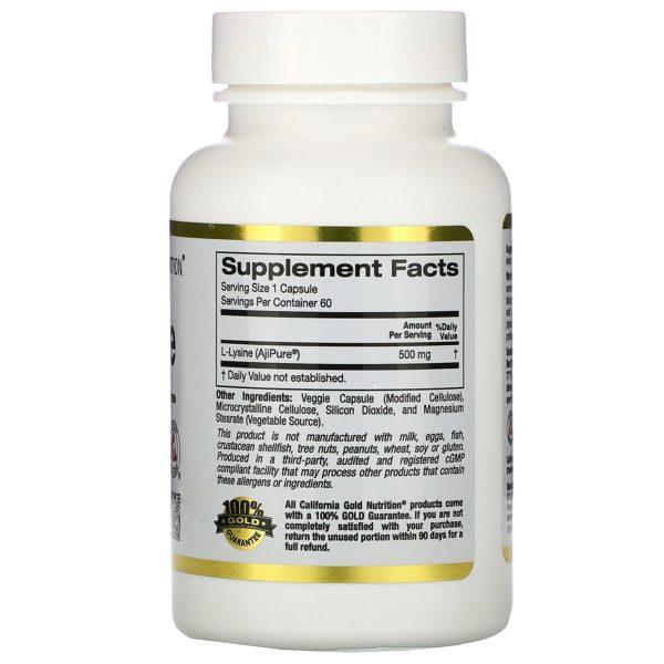 California Gold Nutrition, L-lisina, 500 mg, 60 cápsulas vegetales - Imagen 2