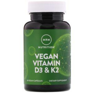 MRM, Vitaminas D3 y K2 aptas para veganos, 62,5 mcg (2500 UI), 60 cápsulas vegetales