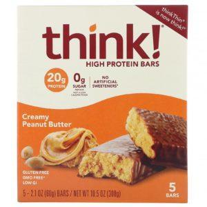 ThinkThin, Barritas altas en proteína, Mantequilla de maní cremosa, 5 barritas, 60 g (2,1 oz) cada una